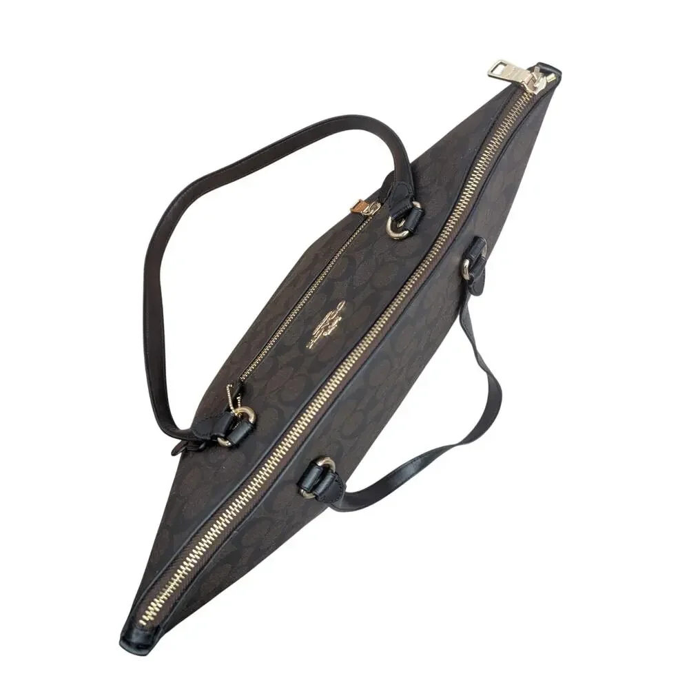 Coach Brown Signature Canvas Tote with Black Handles and Gold Hardware